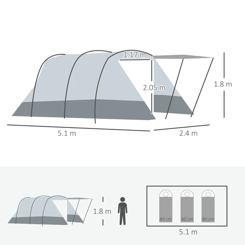 6-8 Person Grey Tunnel Camping Tent with Bedroom, Living Room, 3 Doors