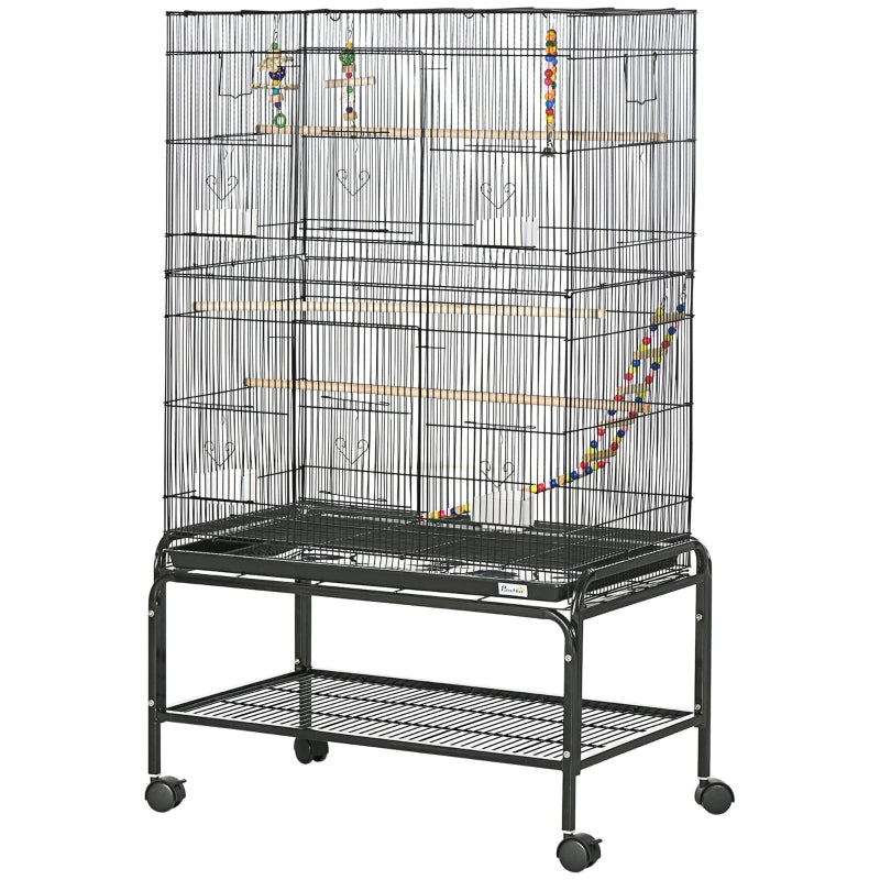 Black Steel Budgie Cage with Stand & Toys - 133cm High