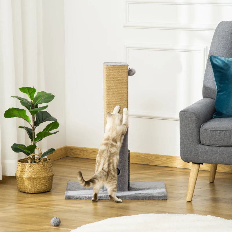 Grey Cat Tree Scratching Post with Dangling Toy