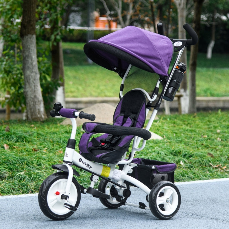 Purple 6-in-1 Kids Trike with Push Handle, Canopy, Safety Belt, Storage, Footrest, Brake