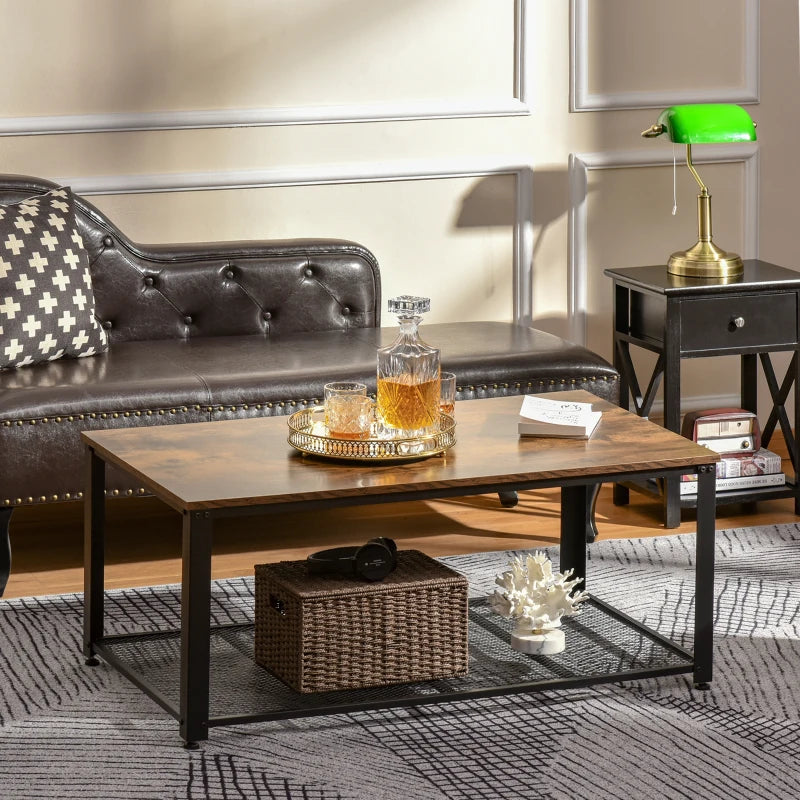 Rustic Brown Industrial Coffee Table with Mesh Shelf