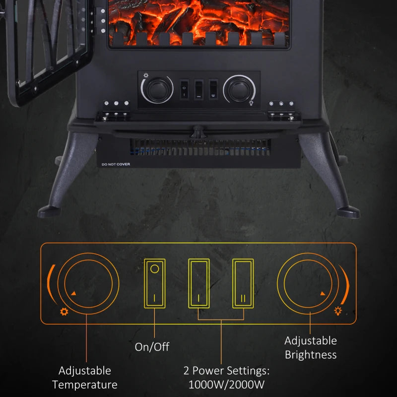 Black Electric Fireplace Stove with Fan and Log Flame Effect 2000W/1000W Heater
