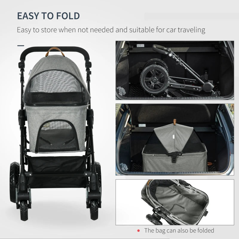 Grey Pet Stroller for Small Dogs and Cats with Detachable Carrier Bag