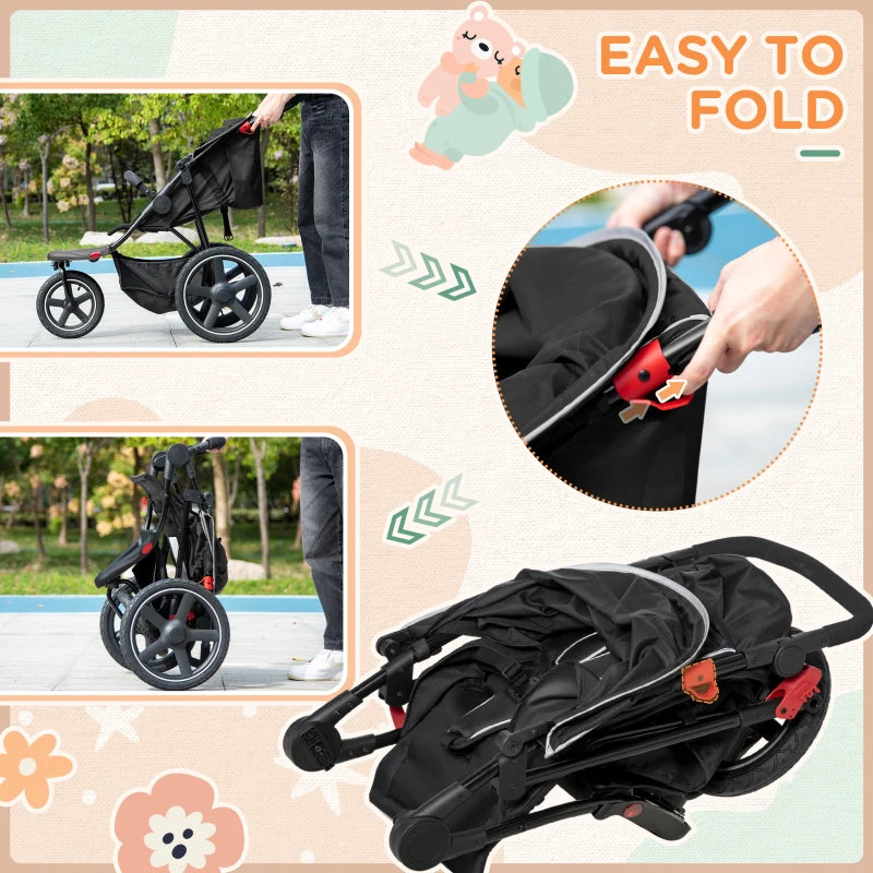 Black Foldable 3-Wheel Baby Stroller with Canopy & Storage Basket