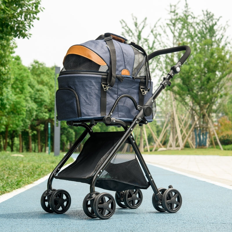 Blue Pet Stroller with Canopy and Storage Basket