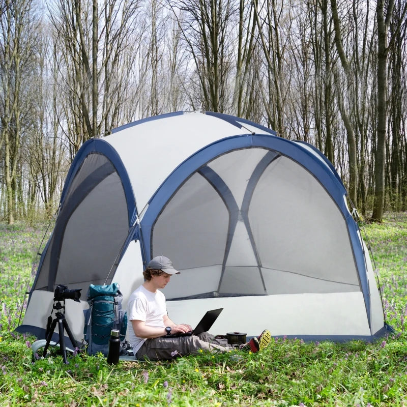 6-8 Person White and Blue Dome Camping Tent with 4 Zipped Doors