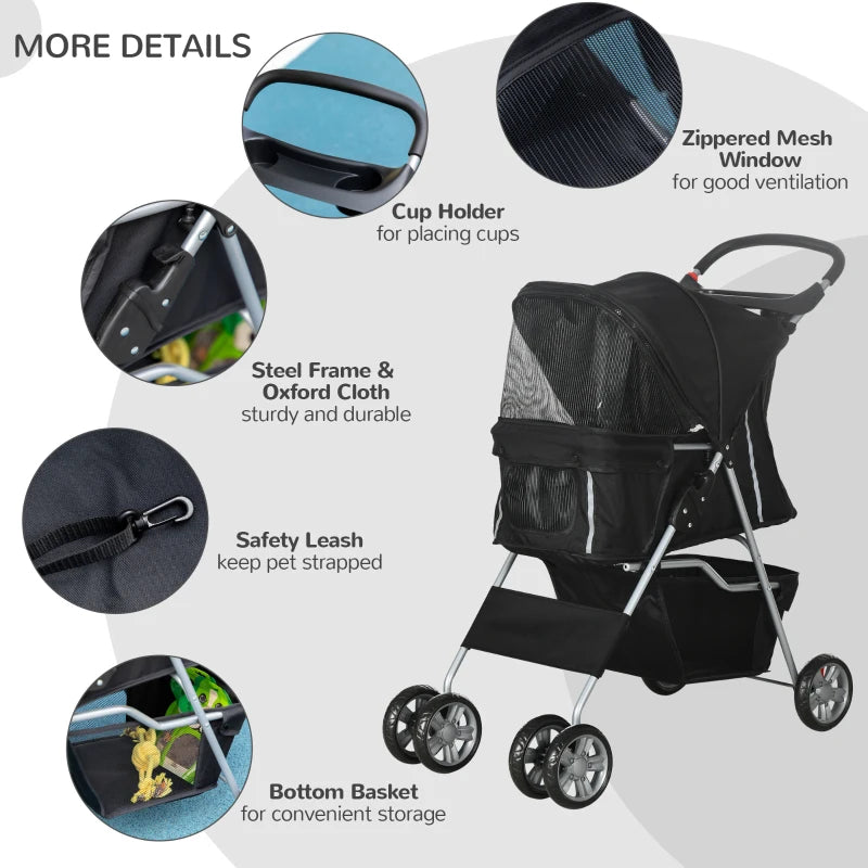 Black Pet Stroller for Small Pets - Foldable Travel Carriage with Wheels