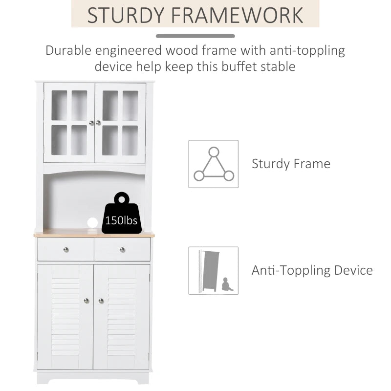 White Louvered Kitchen Storage Cabinet with Glass Doors & Drawers