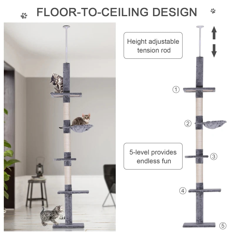 Grey 5-Tier Floor-to-Ceiling Cat Climbing Tree