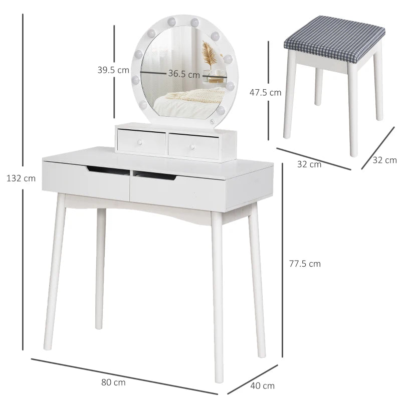 White LED Dressing Table Set with 4 Drawers for Bedroom