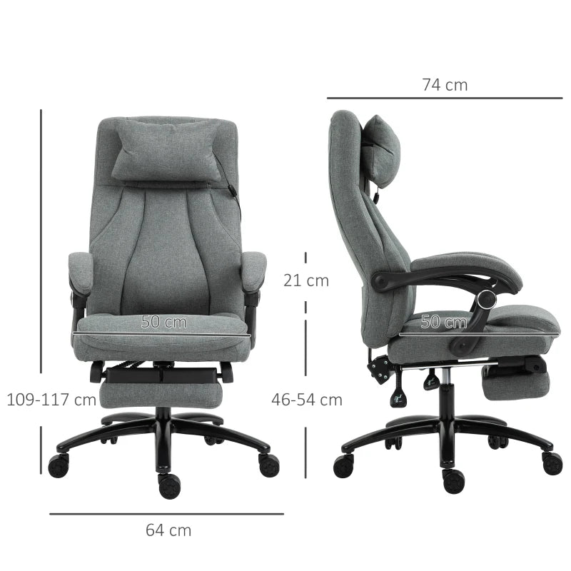 Grey Fabric Office Chair with Massage Pillow, USB Power, Footrest - High Back, 360° Swivel