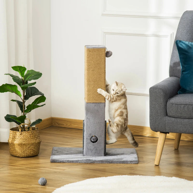 Grey Cat Tree Scratching Post with Dangling Toy