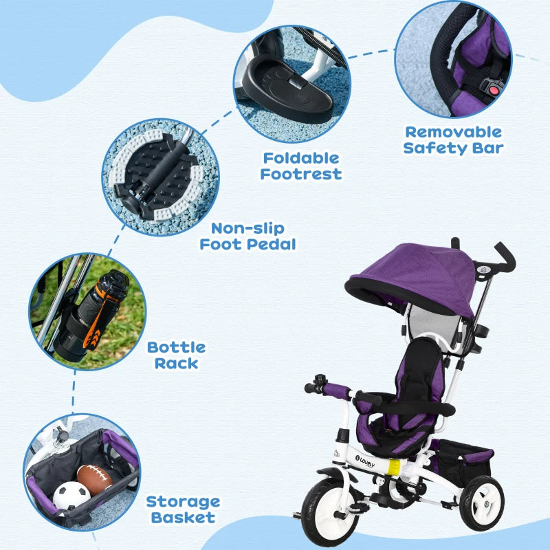 Purple 6-in-1 Kids Trike with Push Handle, Canopy, Safety Belt, Storage, Footrest, Brake