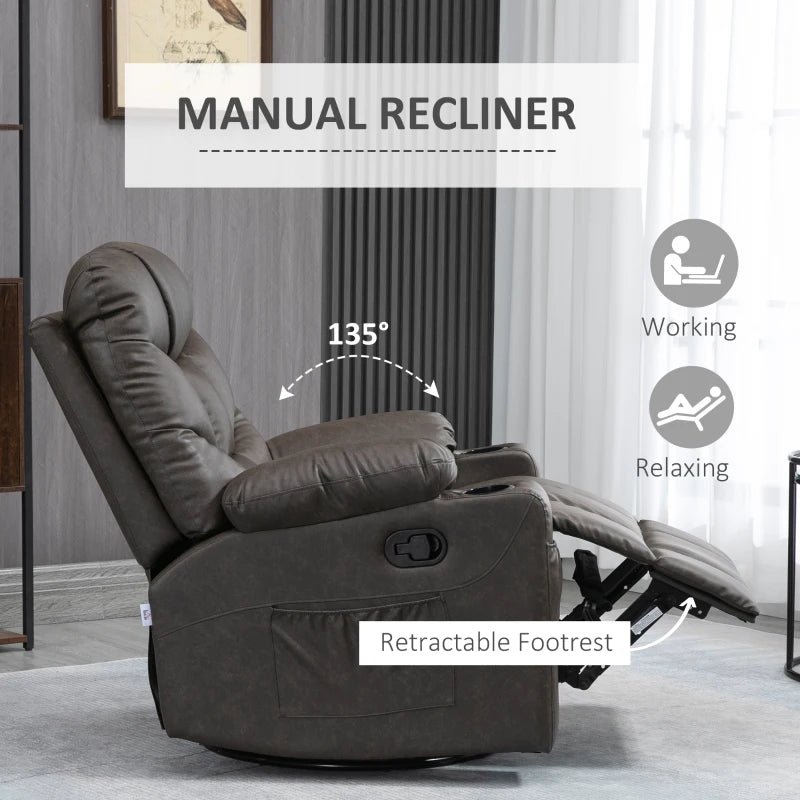 Brown Manual Reclining Armchair with Footrest and Cup Holders