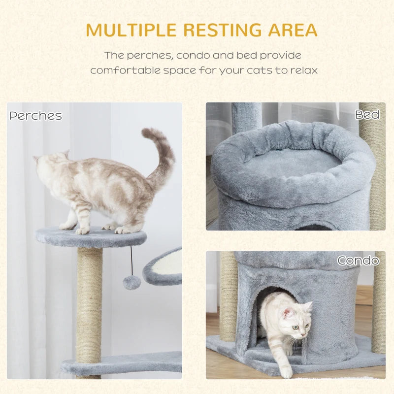 Grey Cat Tree Tower with Scratching Posts and Plush Perches