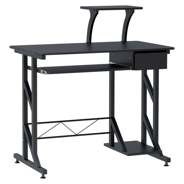 Black Computer Desk with Display Stand and Sliding Keyboard Tray