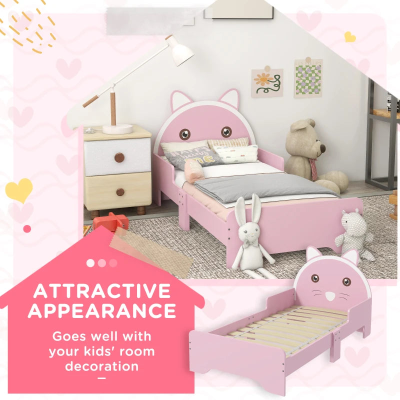 Cat Design Pink Toddler Bed Frame with Guardrails - 3-6 Years