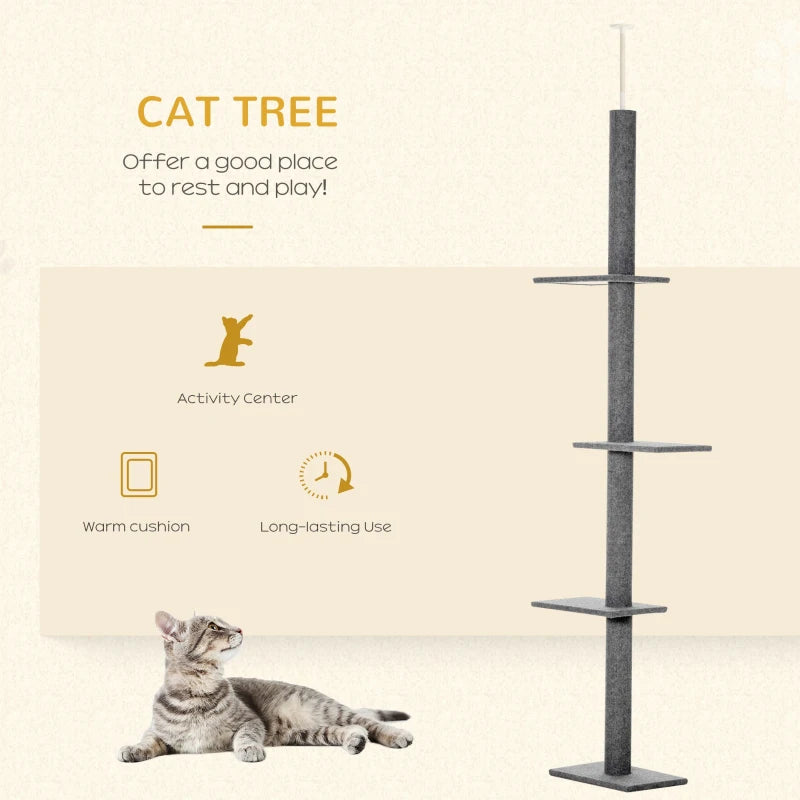 Grey 260cm Cat Tree with 3 Perches -  Floor-to-Ceiling Activity Center