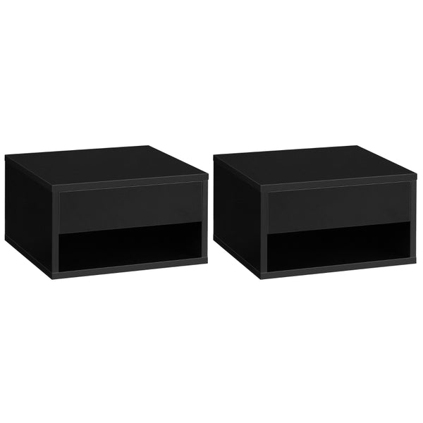 Black Wall Mounted Bedside Table with Drawer and Shelf, 37 x 32 x 21cm
