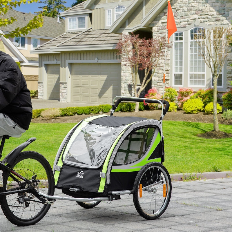 Green 2-Seater Child Bike Trailer & Stroller Combo with Safety Features