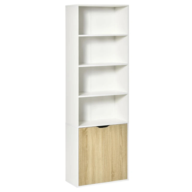6-Tier White and Oak Bookcase with Double Door Cabinet