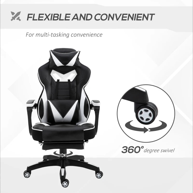 White Gaming Chair with Lumbar Support, Footrest, and Headrest