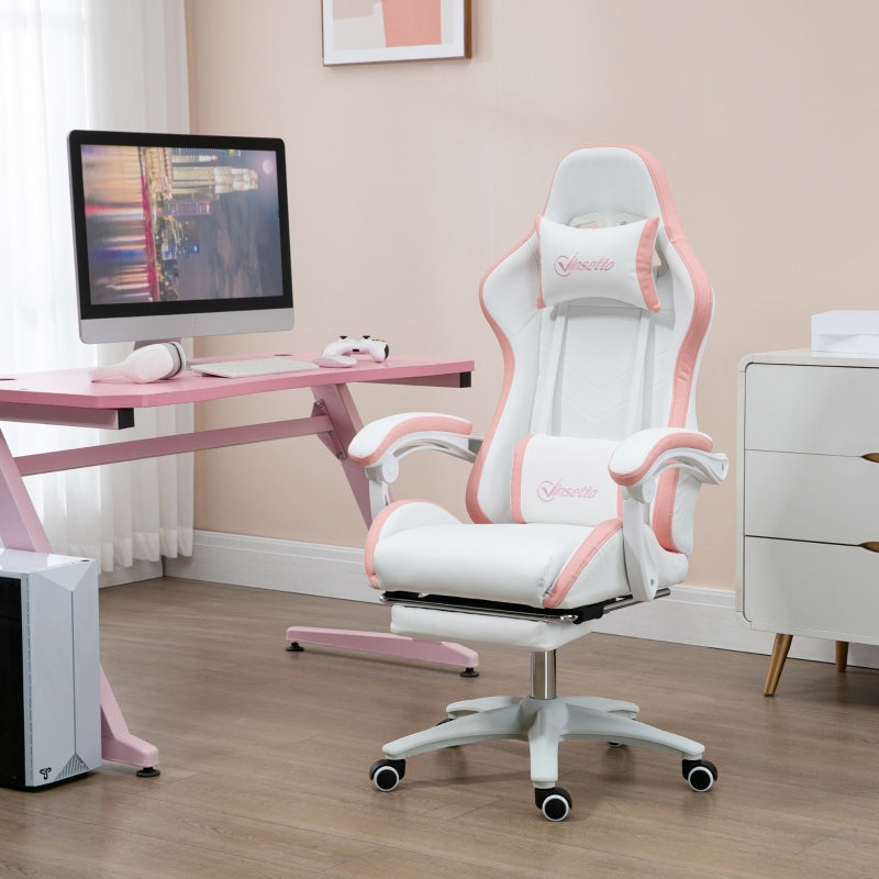 White and Pink Racing Gaming Chair with Footrest and Swivel Seat