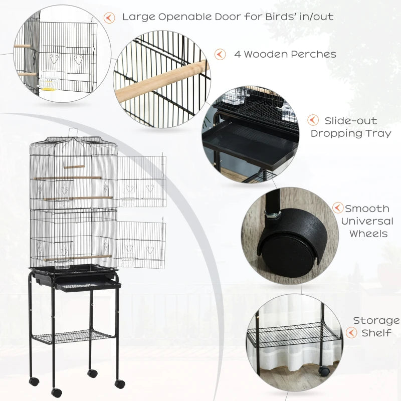 Black Bird Cage with Stand and Accessories, 46.5 x 36 x 157 cm