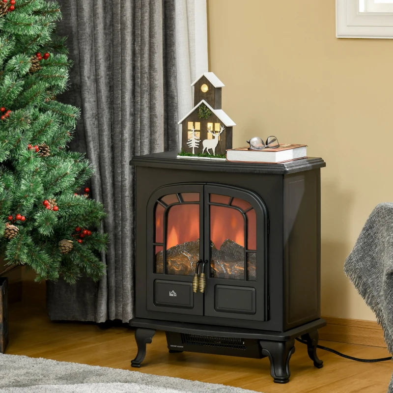 Black Electric Fireplace Stove Heater with LED Flame Effect, Double Door, Portable & Safe