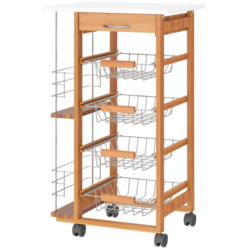 Brown Rolling Kitchen Cart with 4 Basket Drawers & Side Racks
