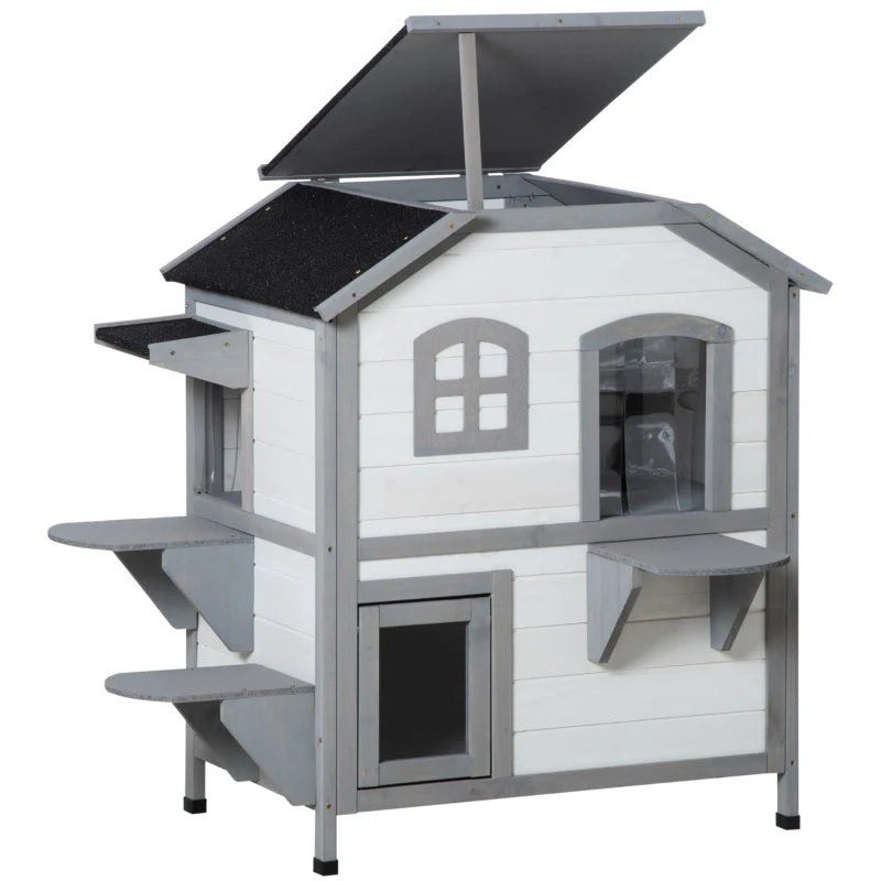 White 2-Storey Wooden Cat Enclosure with Escape Door