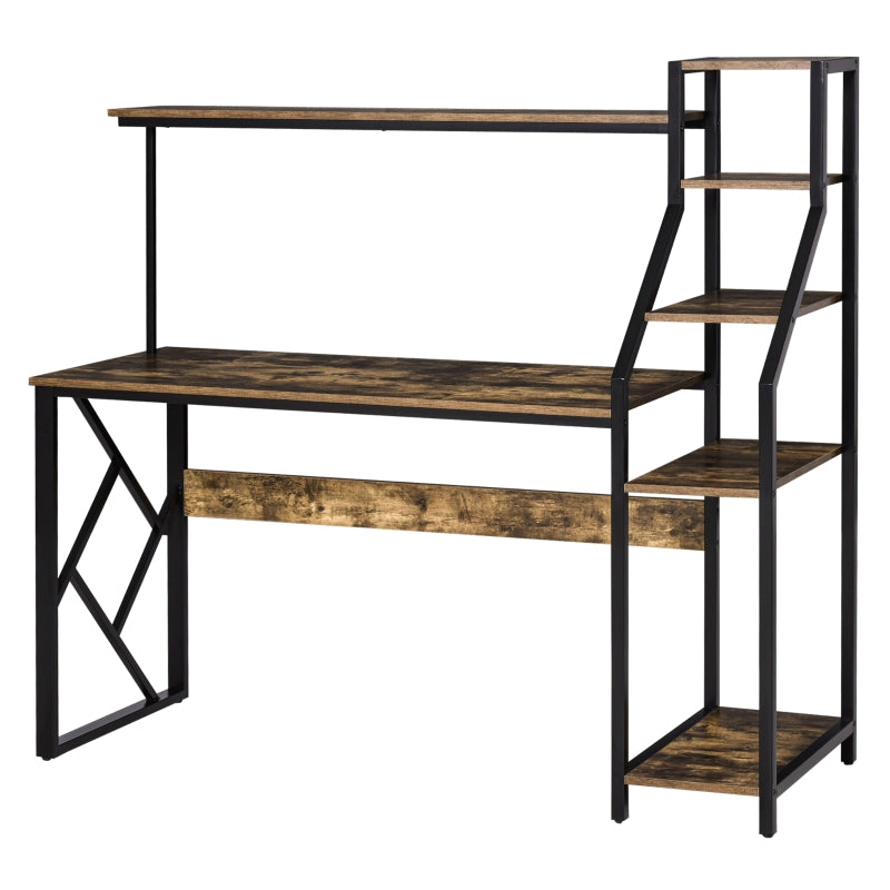 Rustic Brown Industrial Computer Desk with 6 Tier Shelves