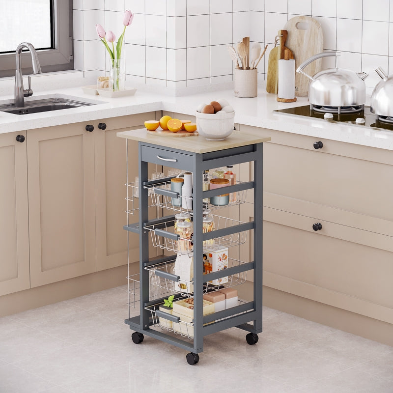 Grey Rolling Kitchen Cart with 4 Basket Drawers & Side Racks
