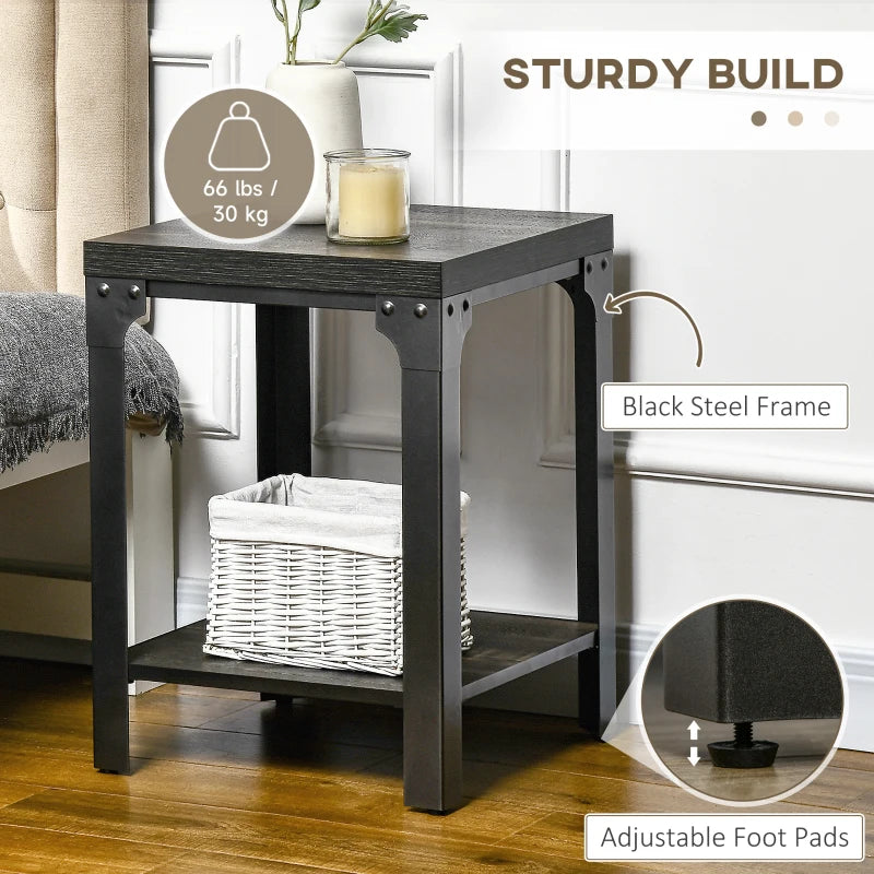 Dark Walnut Industrial Side Table Set of 2 with Storage Shelf