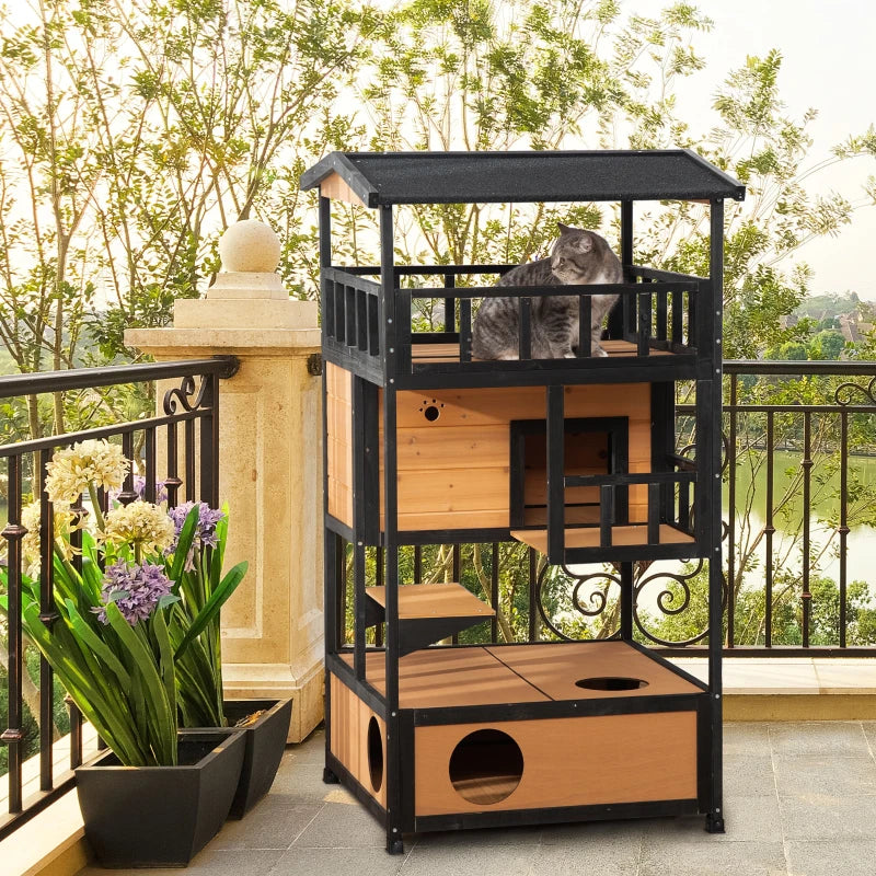 Yellow Wooden 3-Tier Outdoor Cat House with Tilted Roof & Waterproof Paint