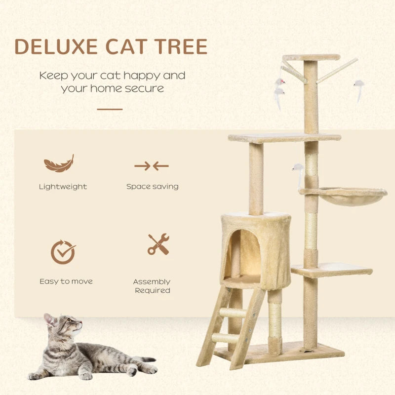 Beige Cat Climbing Tower with Scratching Post - 135cm