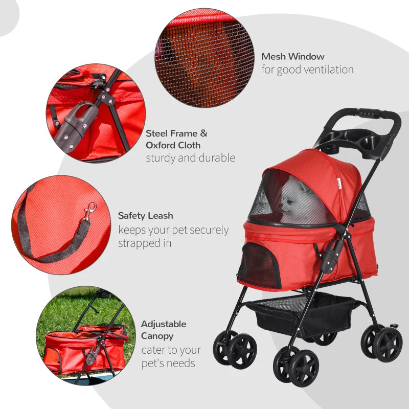 Red Pet Stroller with Canopy, 4 Wheels, Leashes, Storage Basket