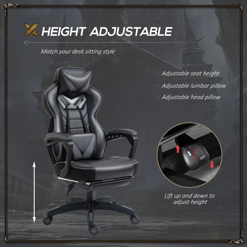 Grey Gaming Chair with Lumbar Support, Footrest, and Headrest