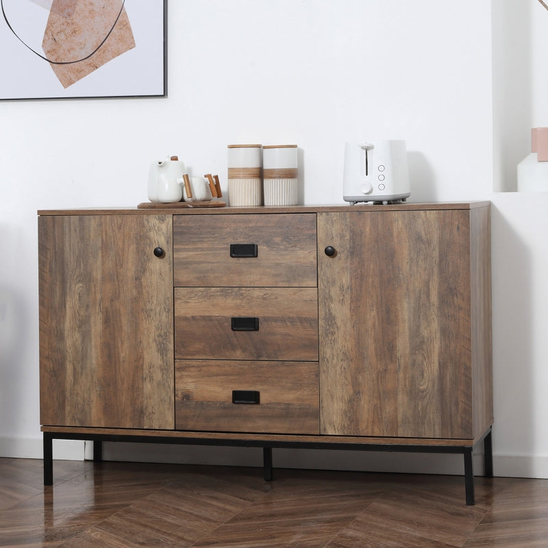 Industrial Distressed Brown Sideboard with Drawers and Adjustable Shelves