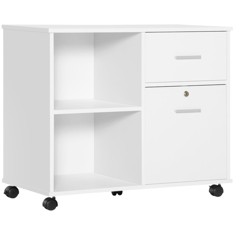 White Mobile Filing Cabinet with Lockable Drawer and Shelves