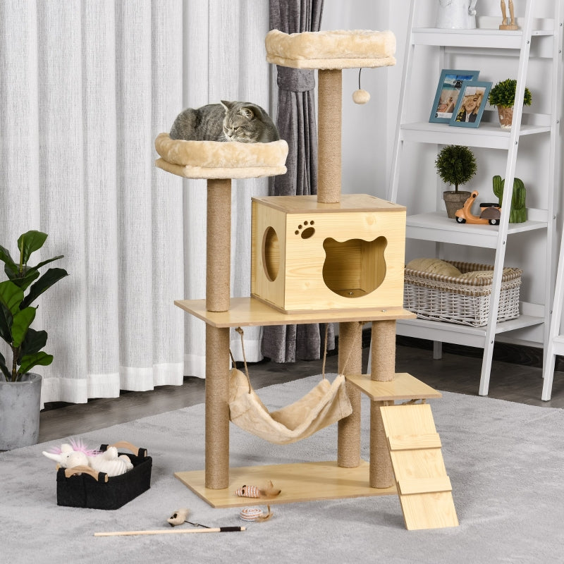 130cm Grey Cat Tree with Scratching Posts, Perches, House & Hammock