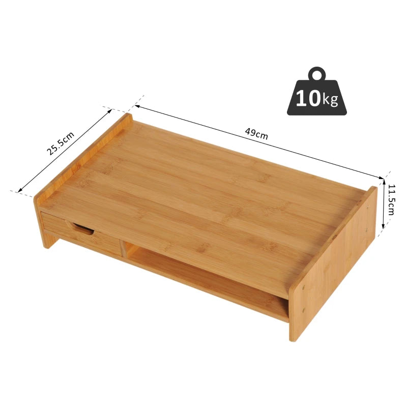 Bamboo Monitor Riser Stand with Drawer - Natural Wood Desk Organizer
