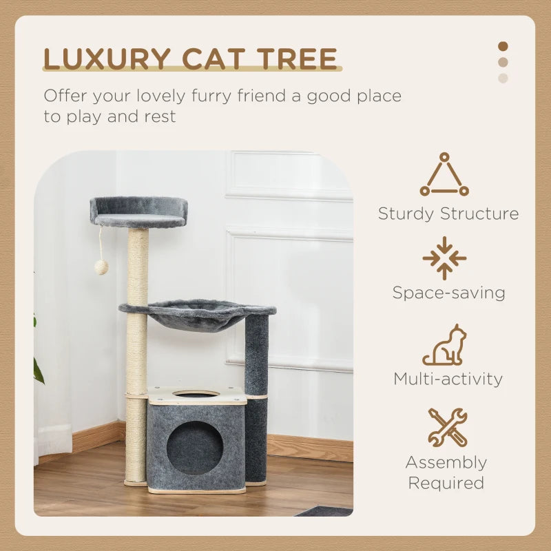 Grey Cat Climbing Tower with Scratching Post & Hammock