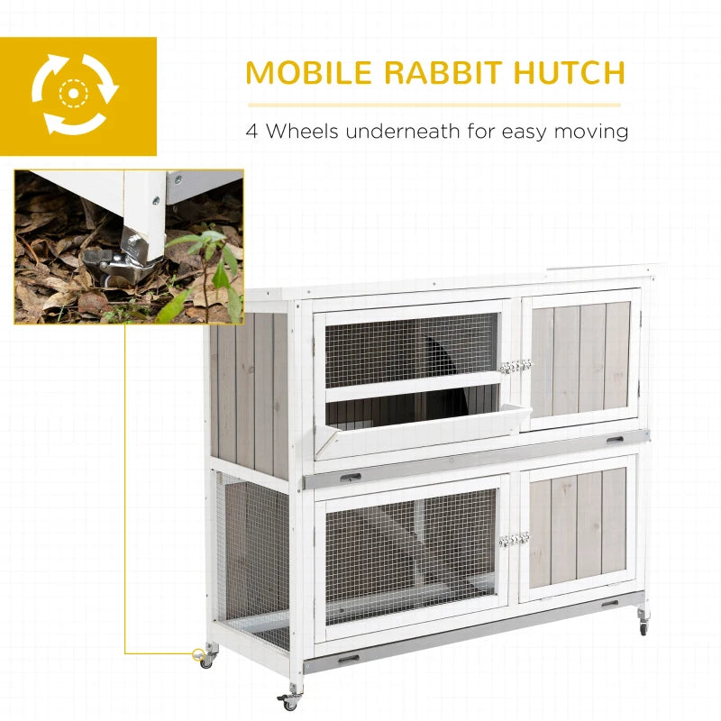 Grey Wooden Rabbit Hutch with Rain Cover and Wheels, 122x50x100cm