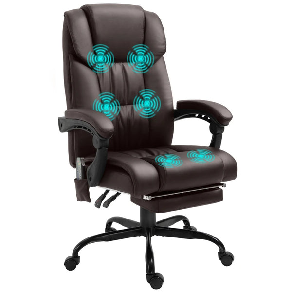 Brown Massage Office Chair with Footrest - Adjustable Height, PU Leather