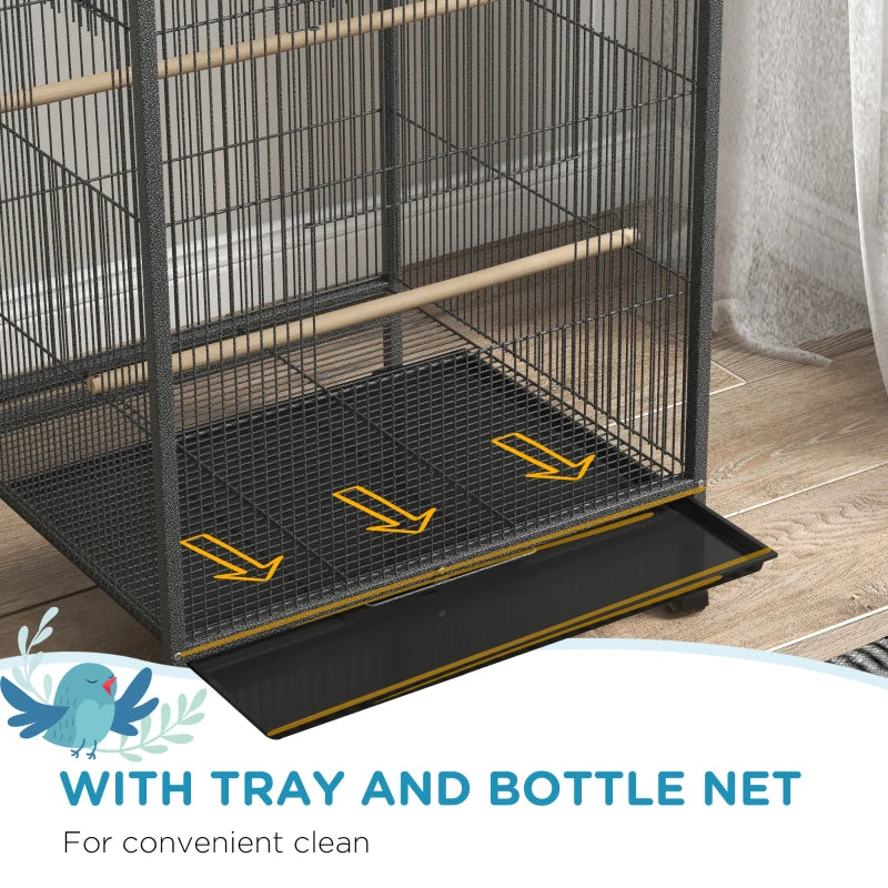 Grey Bird Cage with Rolling Stand for Small Birds