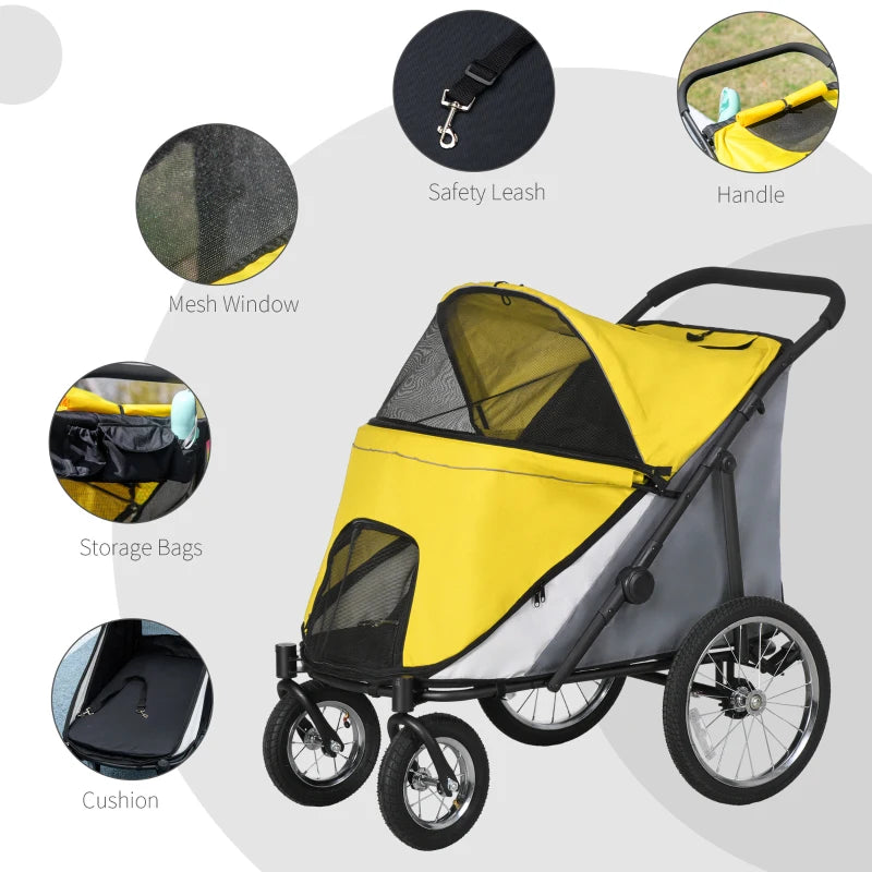 Yellow Foldable Pet Stroller with Washable Cushion & Storage Bags