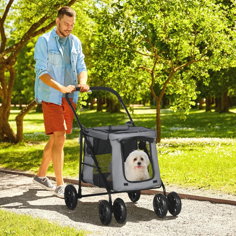 Grey Pet Stroller with 4 Wheels for Small and Medium Dogs