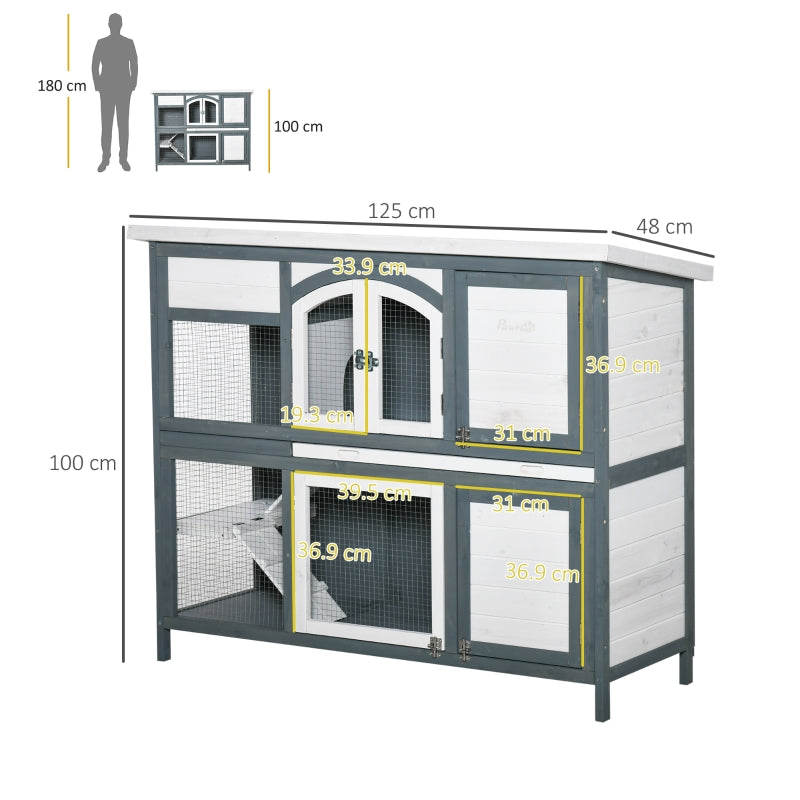 Grey 2 Tier Outdoor Rabbit Hutch with Ramp and Openable Roof