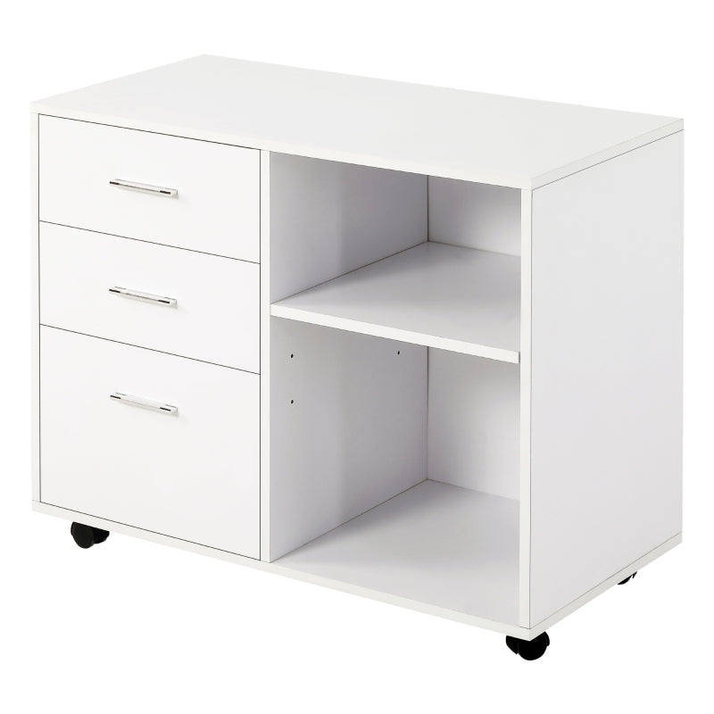 White Printer Stand with Wheels, 3 Drawers, 2 Shelves - Modern Office Storage Unit